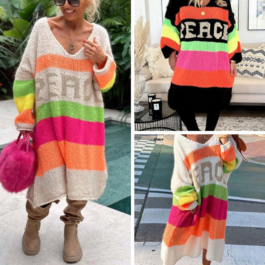 📦Livrare gratuită📦Color Block V-Neck Letter Print Sweater Dress