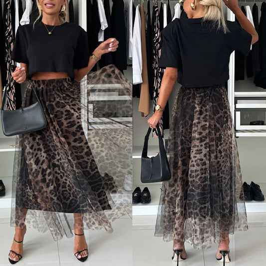 📦Livrare gratuită📦Fustă maxi Bustier cu design stratificat și imprimeu leopard