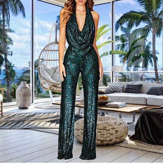 📦Livrare gratuită📦Femeii Sparkly Sexy Halter gât Slim Fit Jumpsuit