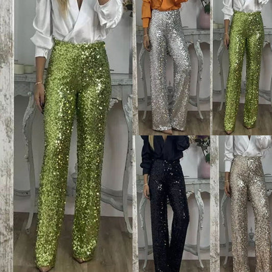 📦Livrare gratuită📦Femei cu talie înaltă Sequin Slim Stretch pantaloni cu picioare evazate