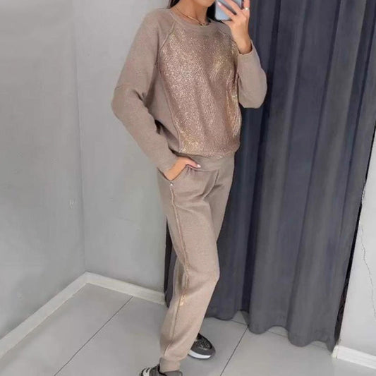 📦Livrare gratuită📦Hanorac Glitter Rhinestone pentru femei și pantaloni casual, set din 2 piese